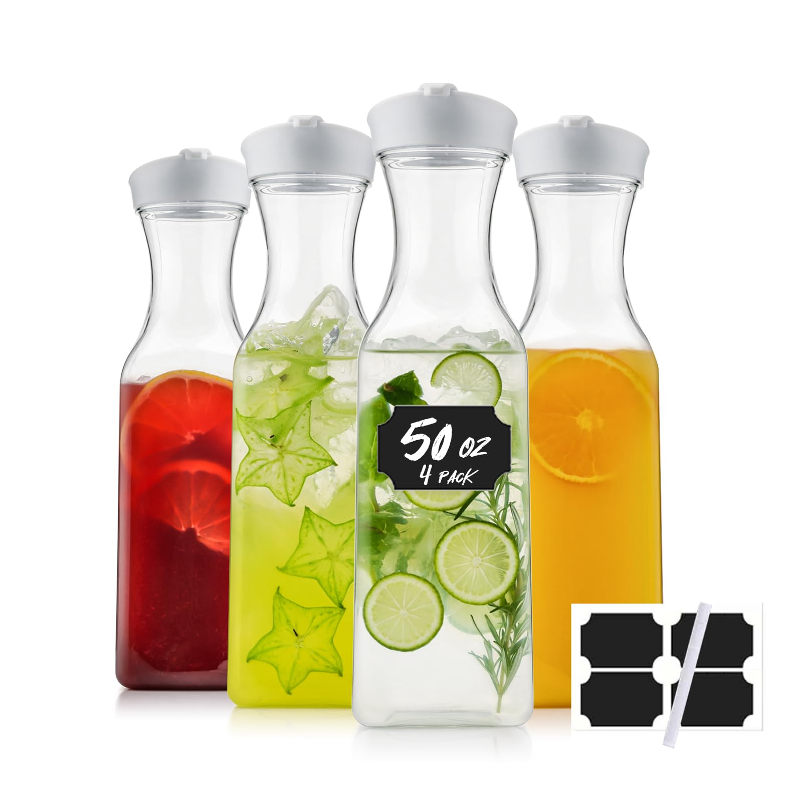 50 Oz Water Carafe with Lids, Square Plastic Pitcher for Mimosa Bar, Drinks, Milk, Iced Tea, Juice Container for Fridge, BPA-Free, NOT DISHWASHER SAFE (4 Pack)