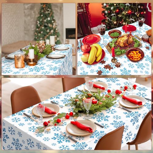 Preboun 3 Pieces 54 x 108 Inches Snowflake Tablecloths - Plastic Waterproof Christmas Table Cover for Holiday Winter Party Kitchen Supplies (White) – Image 5