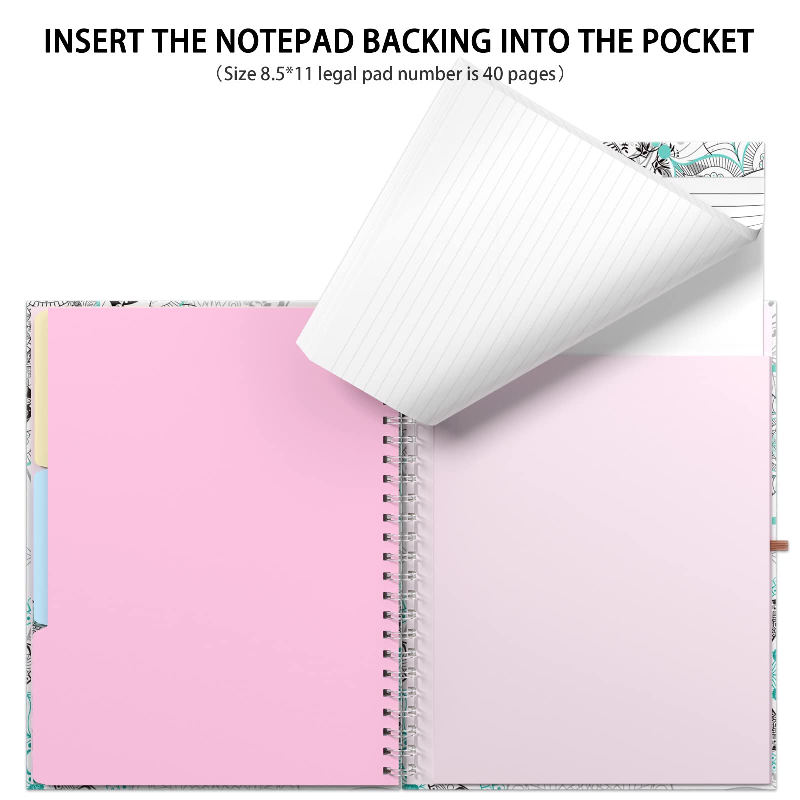 Rimilak Porte-bloc à spirale avec bloc-notes ligné rechargeable, 36,8 x 24,8 cm, porte-bloc à couverture rigide avec 5 poches intérieures, bande élastique et boucle pour stylo. Joli porte-bloc