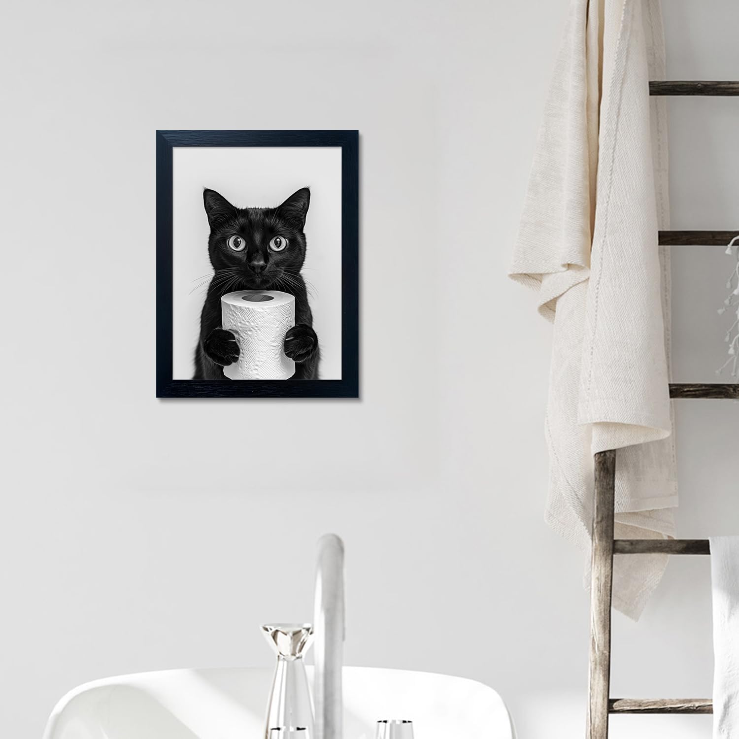 Bathroom Pictures Wall Decor Framed Funny Black Cat Holding Toilet Paper Roll Wall Art Black and White Bathroom Wall Art Animal Canvas Print Painting