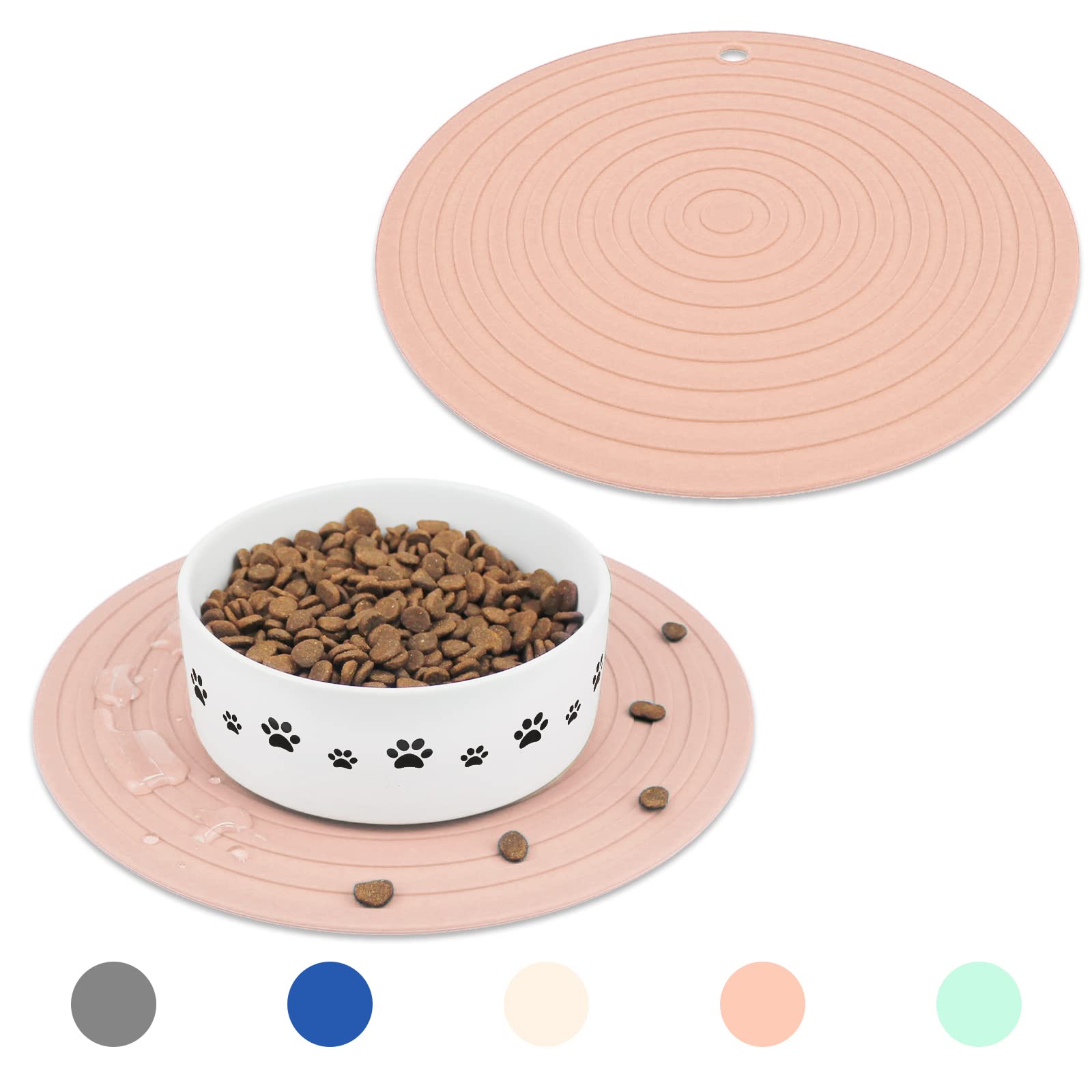 Ptlom Pet Food Mat for Dog and Cat Placemat 2 Pcs, Mat for Prevent Food and Water Overflow, Suitable for Medium and Small Pet, Silicone, 9.5