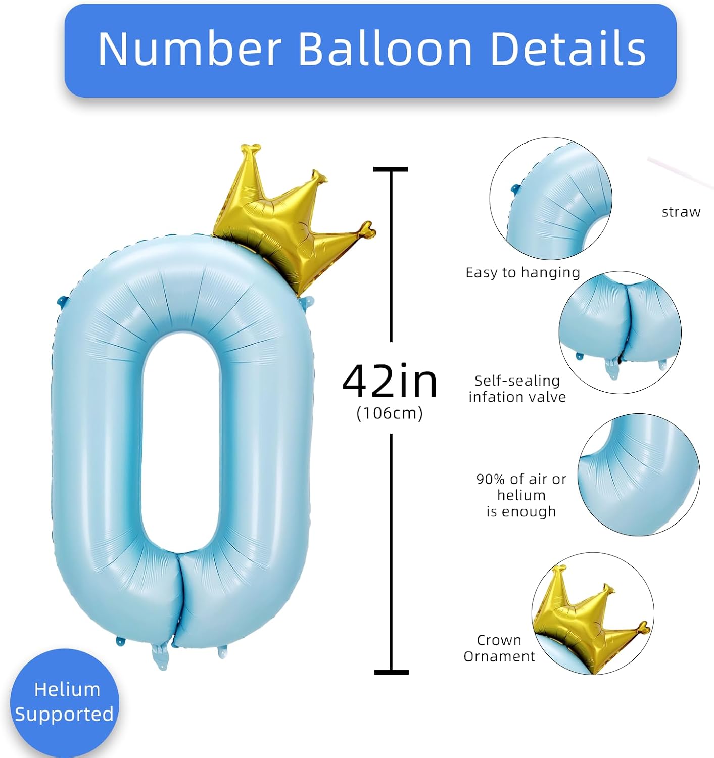 AULE 40 Inch Big Light Blue 0 Balloon Number with Crown image 2