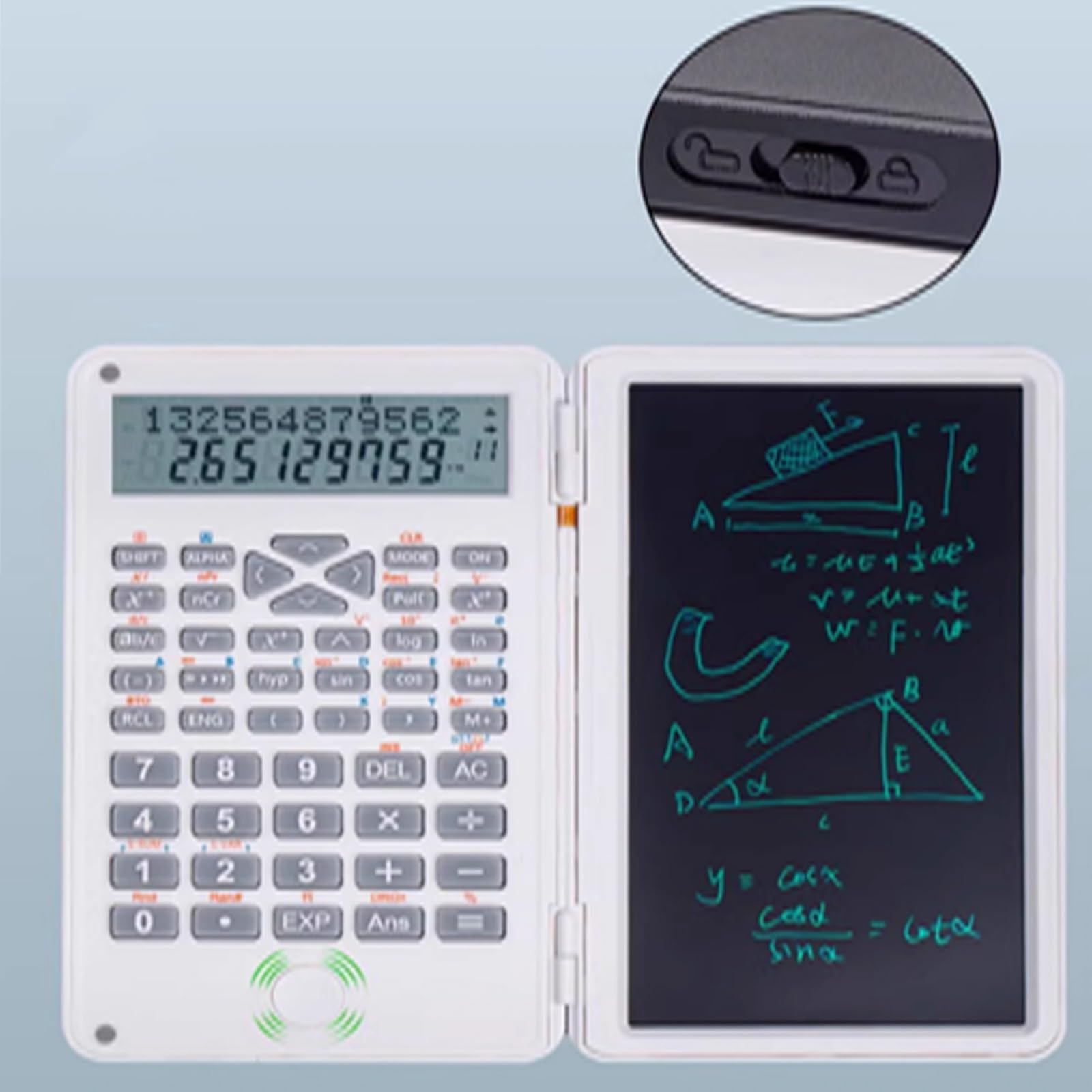 Calculatrice Scientifique 240 Fonctions avec Tableau d'Ecriture Effaçable Écran LCD à 12 Chiffres Calculette Simple 18×15cm，pour Bureau École，Noir，Blanc(White)