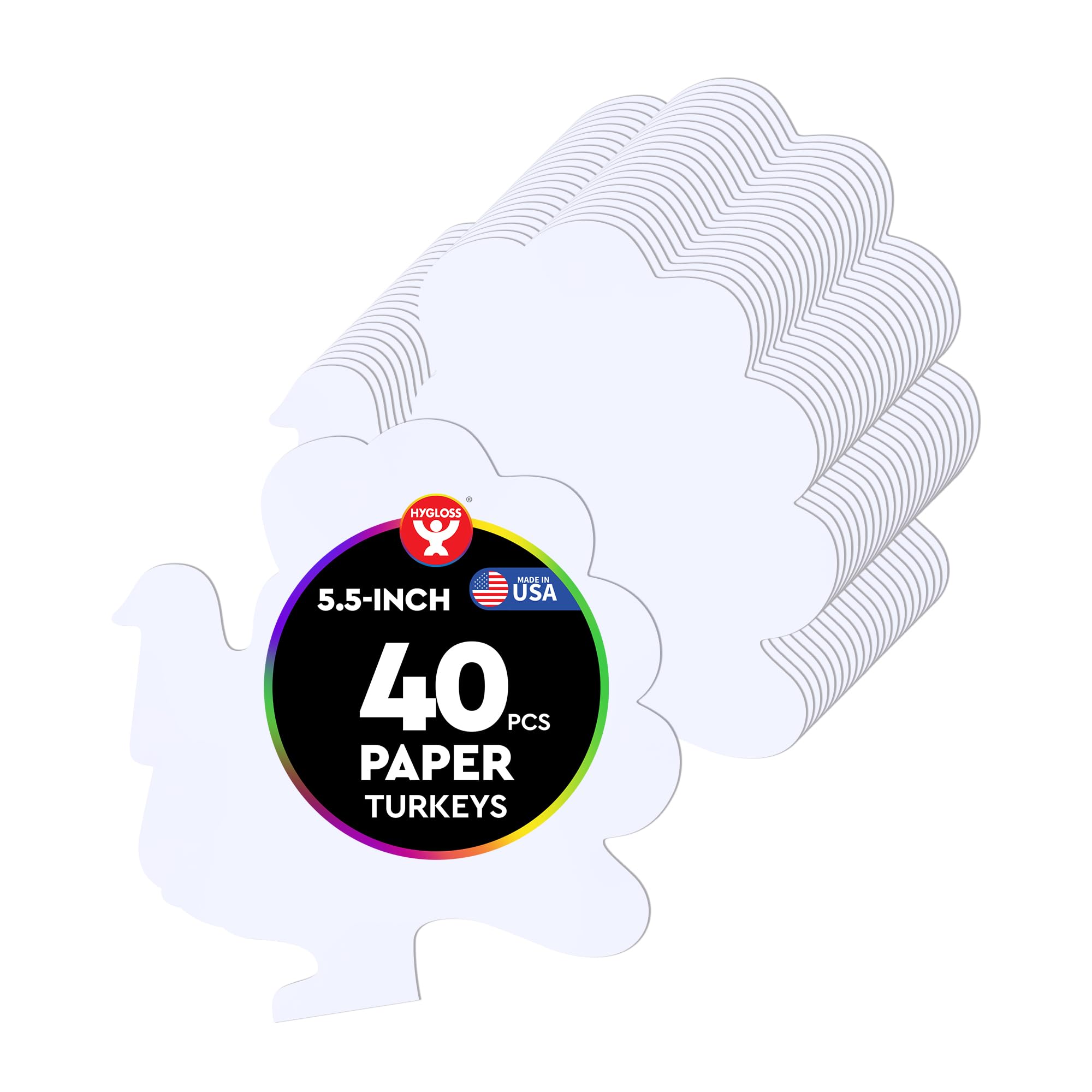 Hygloss Turkey Shape Paper Cut-Outs for Arts &amp; Crafts-Many Creative Uses-Thanksgiving Activities Fall 5.5 Inches-40 Pcs, White