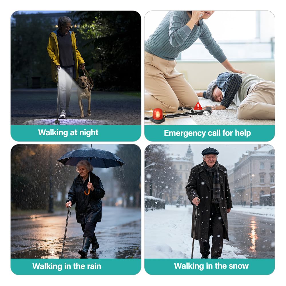 Bastone da passeggio pieghevole, con luce a LED e allarme, portatile, leggero, pieghevole, per uomini e donne, impugnatura ergonomica, base quadrupla, uso quotidiano per anziani e adulti