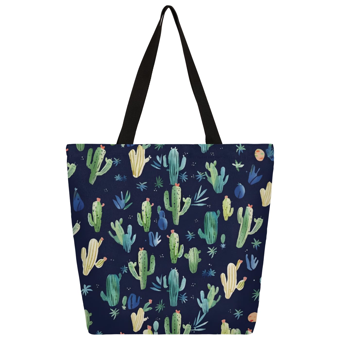 Mularoka Watercolour Cactus Large Capacity Canvas Tote Bag Stylish Handheld Shoulder Bag Reusable Shopping Bag for Work Travel Beach Trips Shopping