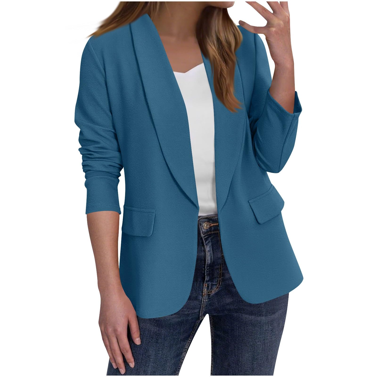 Womens Casual Blazers Jacket Buttonless Open Front Lapel Business Casual Suit Long Sleeve Work Fomal Suit with Pocket