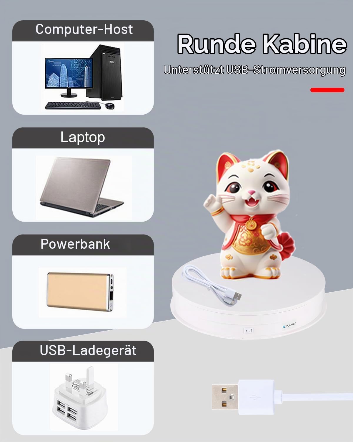 PULUZ Elektrischer Drehteller, 360 Grad Produkt-Präsentationsständer, 30 cm Motorisierter Drehtisch für Produktfotografie und Ausstellungen, Elektrisches Display für Tassen mit USB-Anschluss