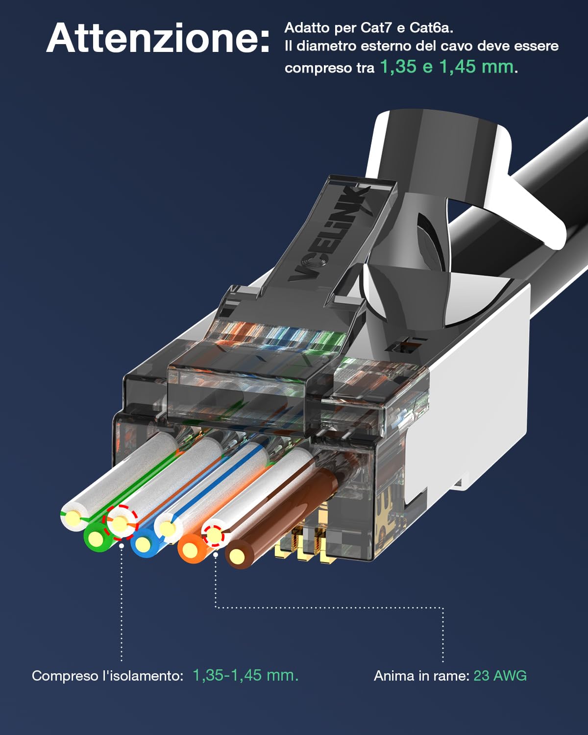 VCELINK Connettori RJ45 CAT7/CAT6A Passanti, 10 Pezzi, Plug Schermati 8P8C, POE Compatibili, con Barra di Carico e Stivali Antistrappo