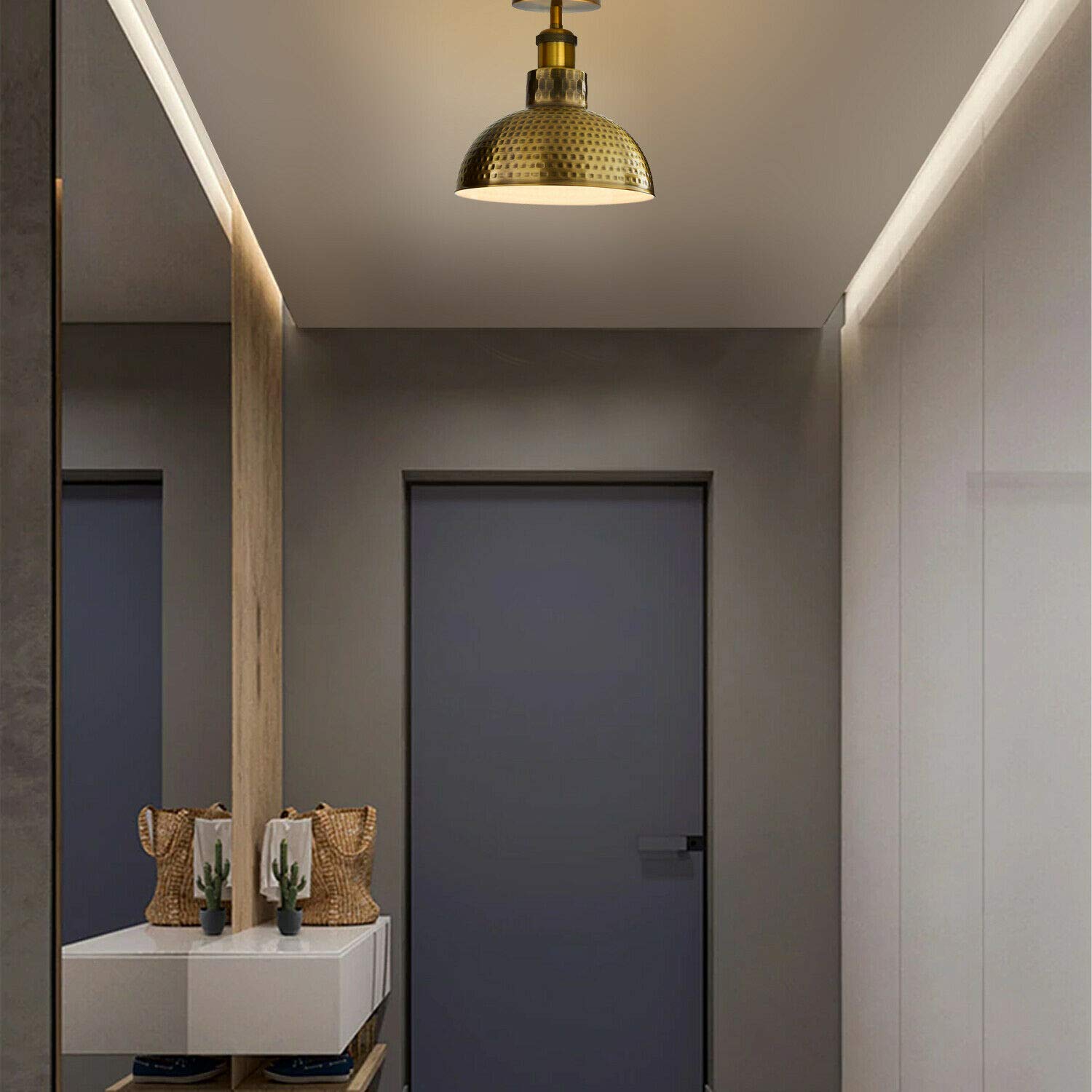 Vintage Flush mount ceiling Light E27 Vintage Yellow Brass Hammered Finish 26cm Dome Shade Industrial Ceiling Lighting Fixture for Kitchen Dining Room Bedroom Easy Fit Anti Rust Durable Metal - Image 4
