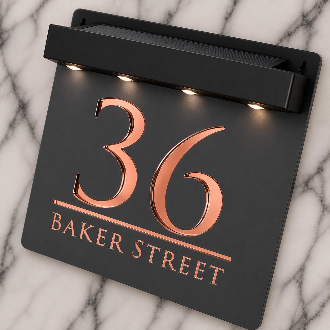 K Smart Sign | Bellissima S1 LED F32 | Square Solar Light House Signs Door Number Plaques With LED Personalised Name Address Sign For Wall With Classic Text (Matt Grey & Rose Gold Mirror)