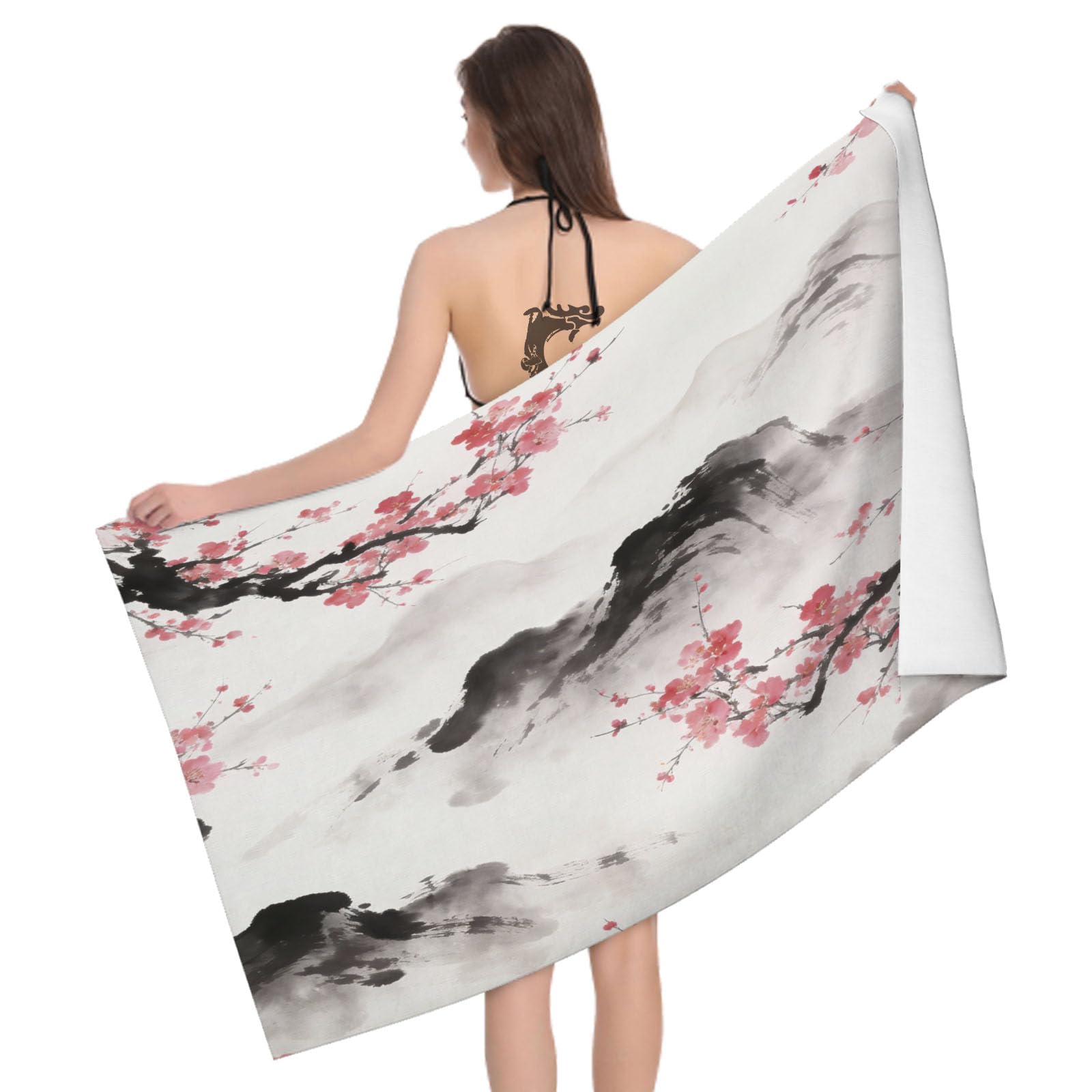 Leichong 3D Ink Wash Plum Blossom Beach Towel Microfiber Soft Quick Dry for Adults, Oriental Aesthetics Bath Towel Lightweight Soft Absorbent for Travel Swimming Pool Sports, 75 x 150 cm