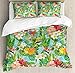 Ambesonne Leaf Duvet Cover Set, Vintage Cartoon Style Image of Hawaiian Flowers Crepe Gingers, Decorative 3 Piece Bedding Set with 2 Pillow Shams, Queen Size, Fern Green