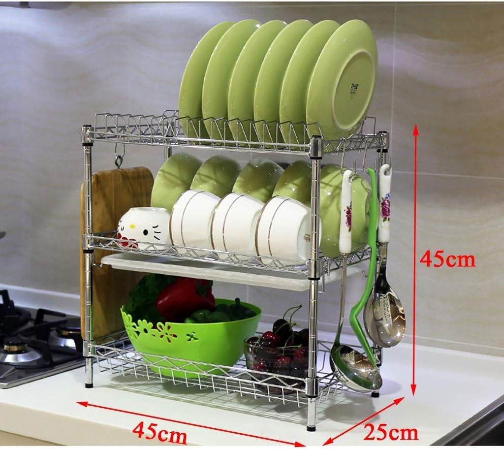 3-Layer Stainless Steel Dish Rack Drain Rack Kitchen Rack 45 25 45cm,Layer Spacing Can Be Adjusted