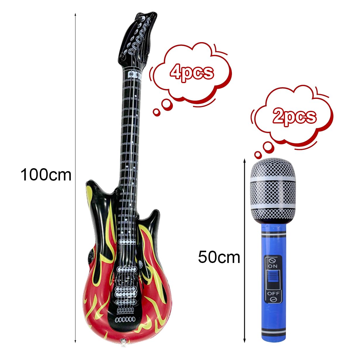 4 Pezzi Chitarre gonfiabili,2 Pezzi Microfoni gonfiabili,Chitarra Gonfiabile Rock per Bambini,Strumenti Gonfiabili 100cm,per Carnevali,Festa Compleanno Favori Decorazione (4+2PCS)