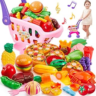 BUYGER 31PCS Role Play Toy Food Sets for Children in Kids Play Shopping Trolley Cutting Vegetables and Fruit Toy 3 year old Girl, Pink