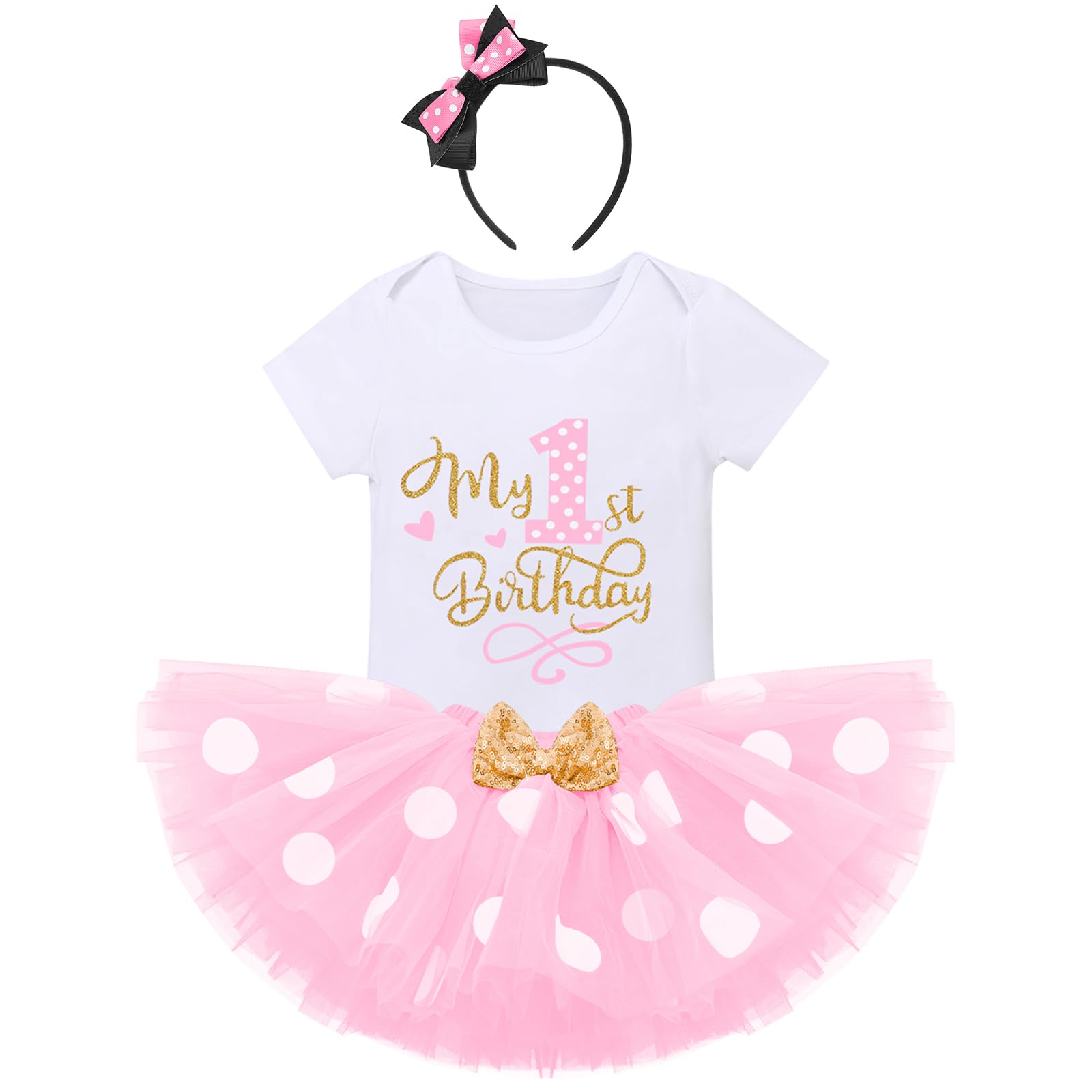 FYMNSI Recién Nacida Bebé Niñas Primer/Segundo Cumpleaños Trajes Conjuntos Princesa Vestido Tutu Manga corta Mameluco + Lunares Falda + Oído Diadema 3 piezas