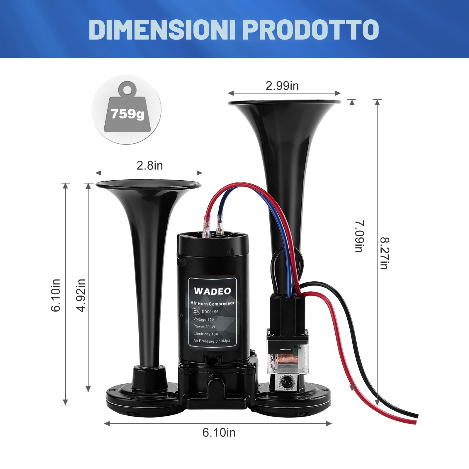 WADEO Clacson Auto, [Super Rumoroso da Svegliare i Morti] Tromba 12V con Compressore per Camion, Treni, Barche, Moto, Furgone