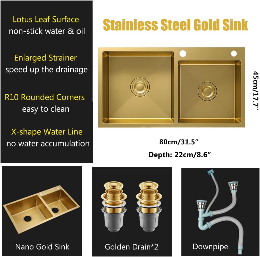 Gold Kitchen Sink, Double Bowl Bar Sink, 304 Stainless Steel Nano-Coated, with Gold Sink Stopper and Drain Strainer, Drop-in or Undermount, 31.5” x17.7”