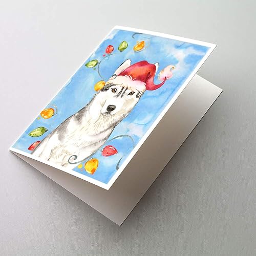 Caroline's Treasures CK2495GCA7P - Tarjetas de felicitación y sobres con luces de Navidad, diseño de husky siberiano, paquete de 8 tarjetas en