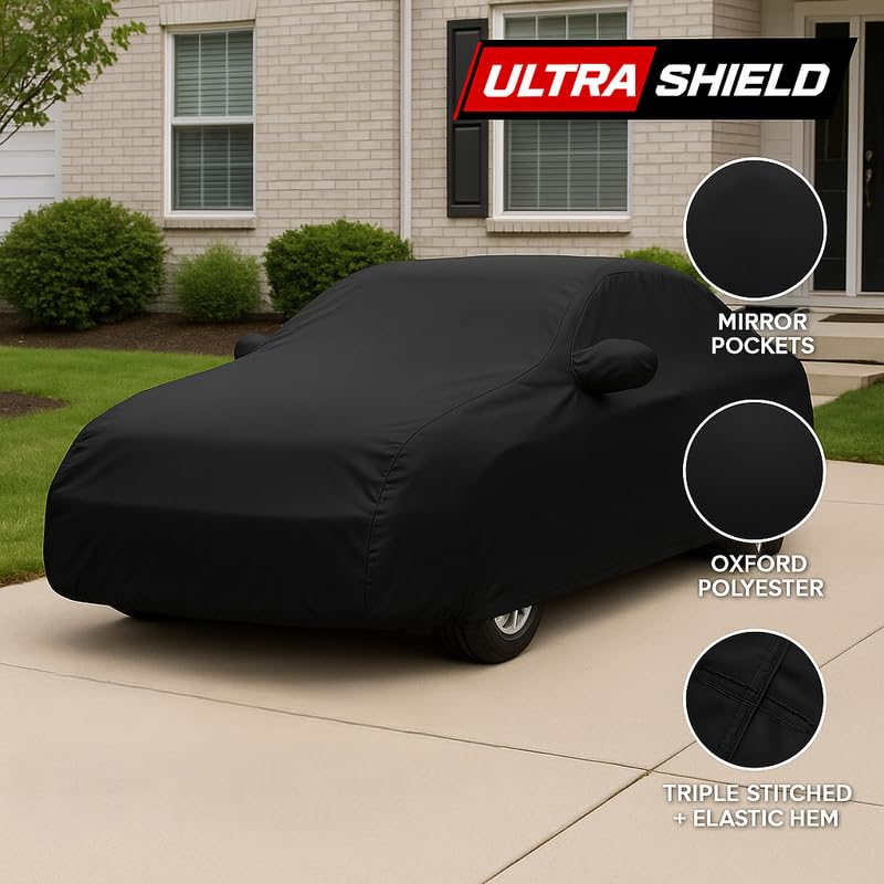 Image of ULTRA SHIELD All Weather Water-Resistant Car Cover for Audi A4 | Durable Light-Weight Triple-Stitched Fabric, UV Protection, Dust-Proof | Mirror Pockets, Full Elastic | Black