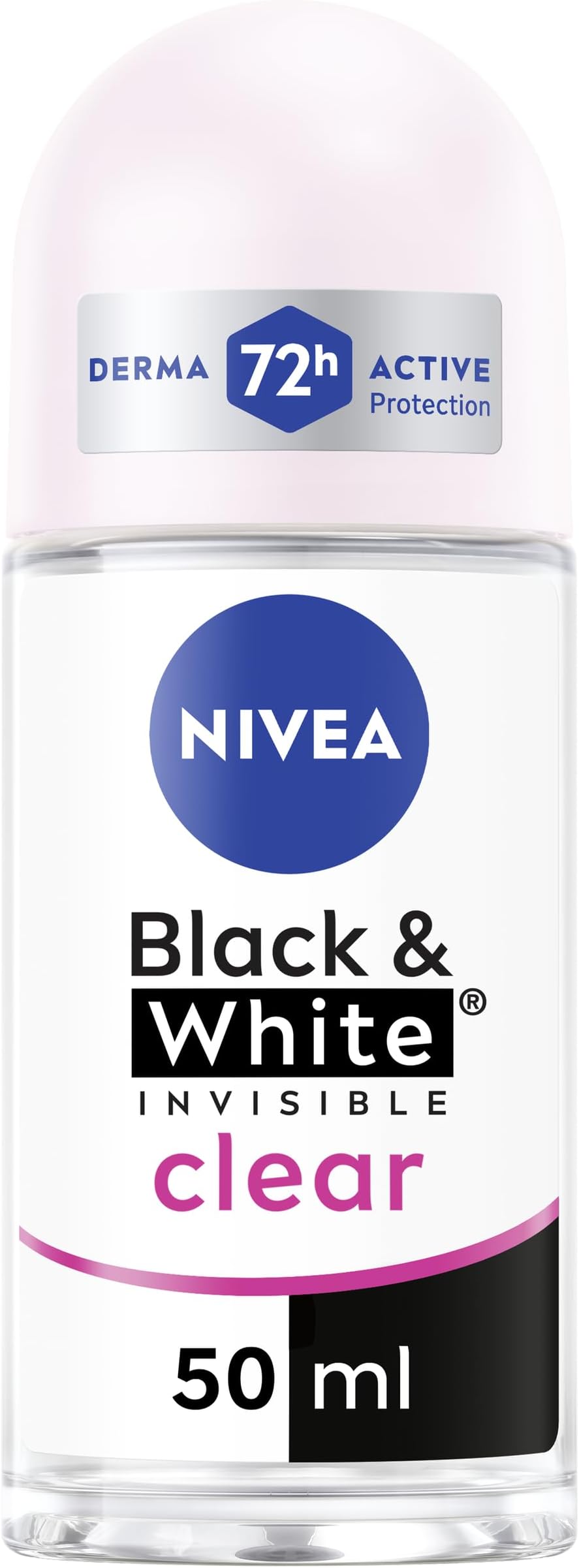 NIVEA Black & White Invisible Antiperspirant Roll-On Deodorant for Women, Clear, 72H Active Protection, 5IN1, Anti-Odour, Sweat, Stains, Residues & Irritation, 50ml