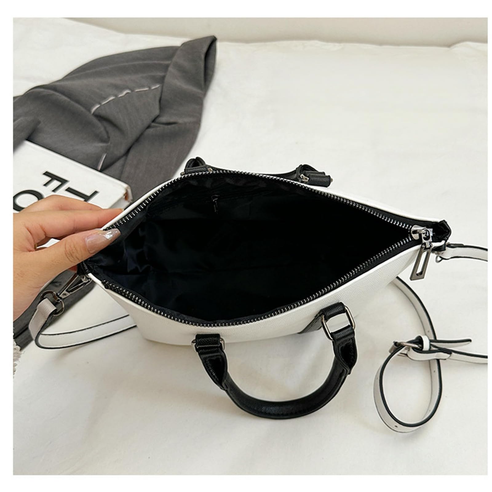 Borsa Donna A Mano Semplice E Casual alla Moda Tracolla Strutturata da sotto Le Ascelle in Colore Contrasto-Bianco
