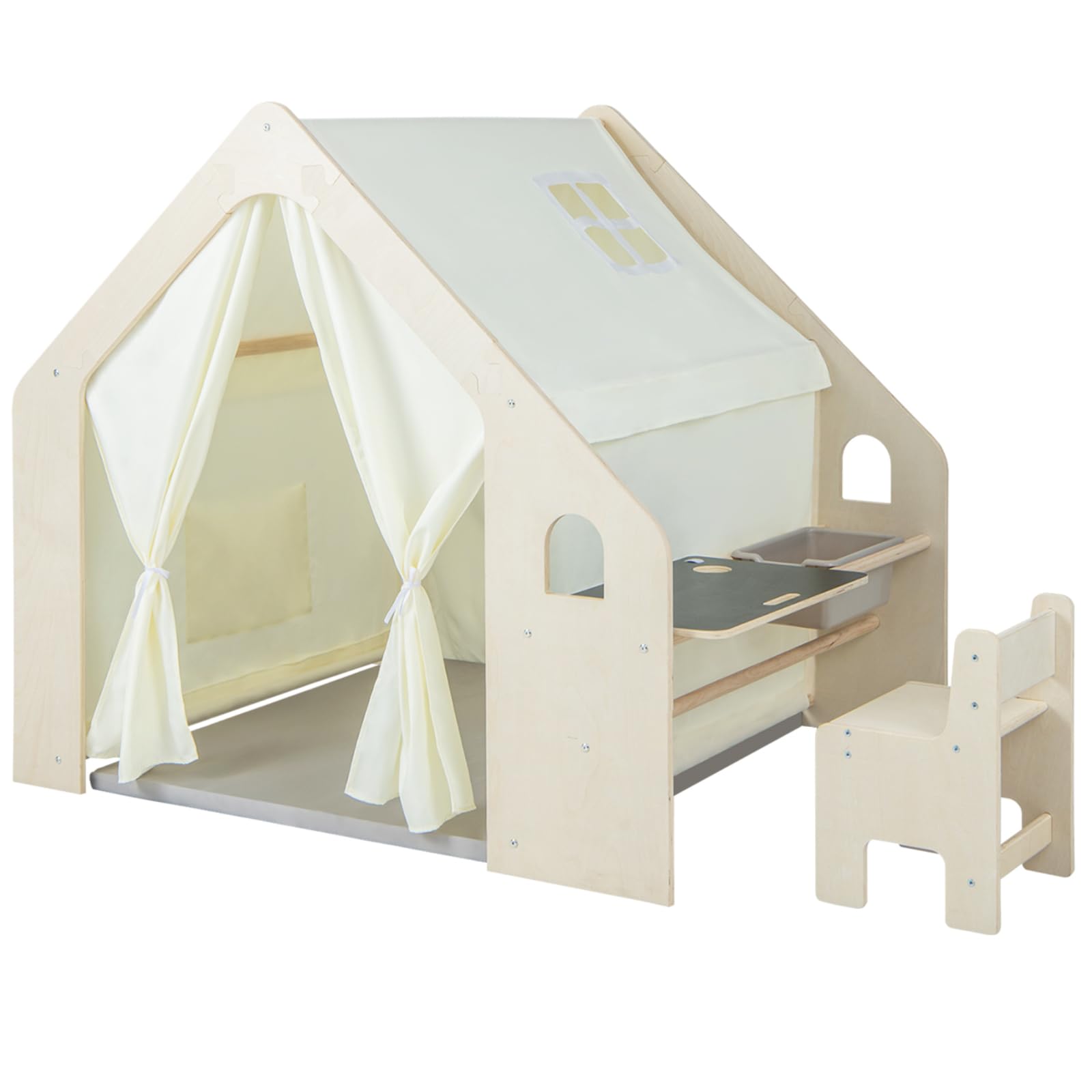 Maxmass 6-in-1 Kids Play Tent, Large Toddler Play House with Desk Table, Chair, Padded Mat, Blackboard, Storage Bin, Wooden Children Tent for 3-6 Years Old Boy Girls (131 x 98 x 113 cm)