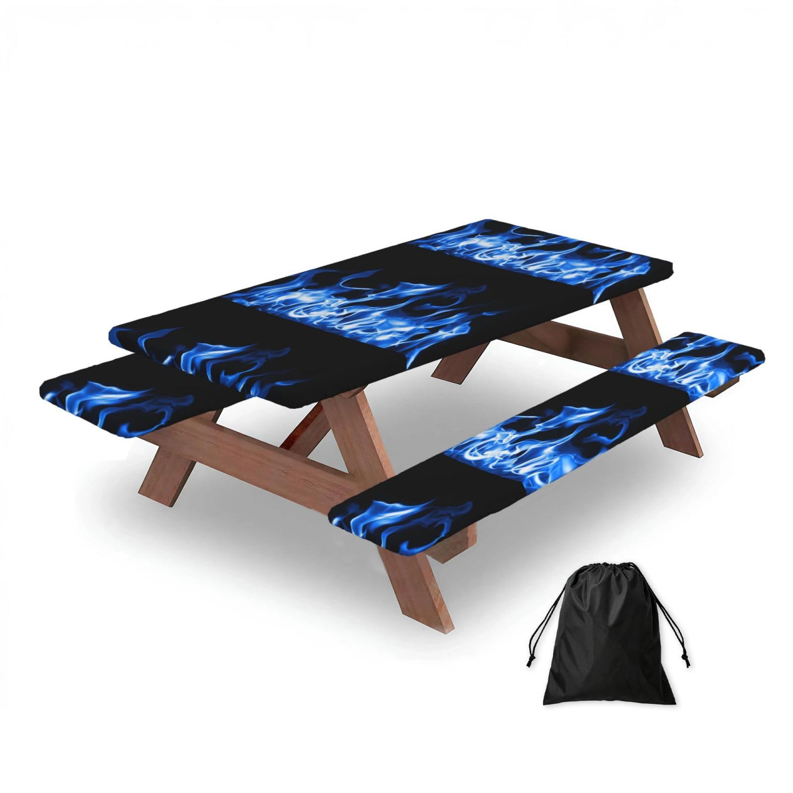 Dopklna As Picture A Blue Fire, Picnic Table Cover With Bench Covers -Waterproof Elastic Fitted Tablecloth For Garden Camping Patio 76X152cm