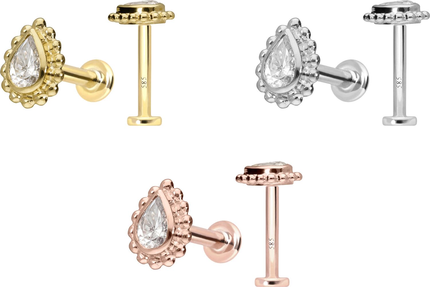PIERCINGLINE Piercing Stecker 14 Gold Labret mit Innengewinde MOISSANIT-TROPFEN + KUGELN 585er Gold - Roségoldfarben, Goldfarben, Silberfarben