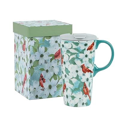 Ceramic Mug Porcelain Coffee Cup with Spill-proof Lid and Box, 17 Oz.