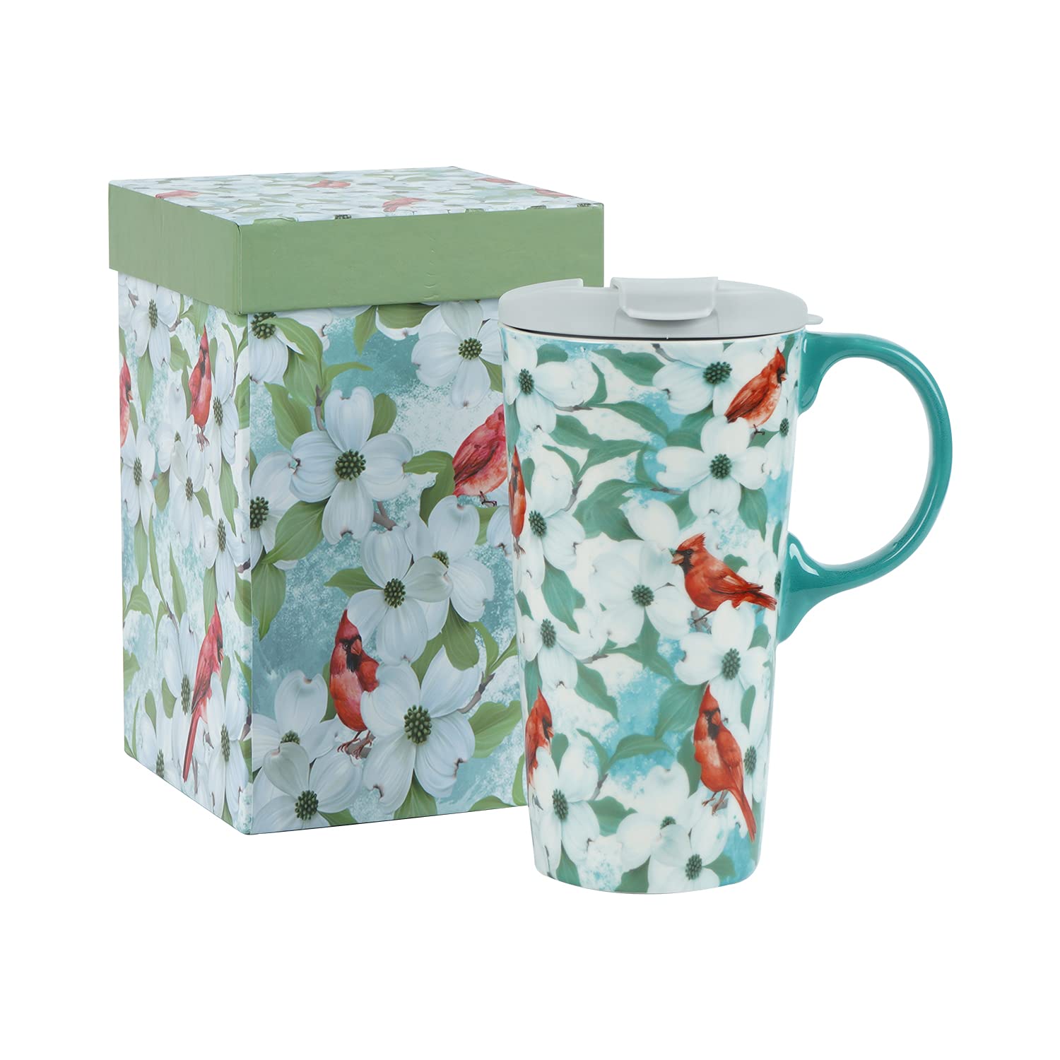 Topadorn Ceramic Mug Cardinal Bird Ceramic Mug Porcelain Coffee Cup with Spill-proof Lid and Gift Box, 17 Oz.