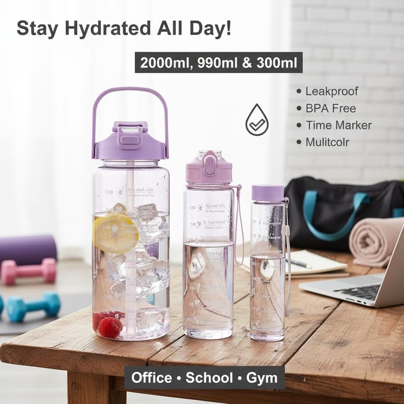 Image of zEdx Combo Pack of 3 Motivational Water Bottles with Time Marker | 2L, 900ml & 300ml BPA Free Sipper | Food-Grade Plastic | Leakproof for Home, Office, Gym & Travel