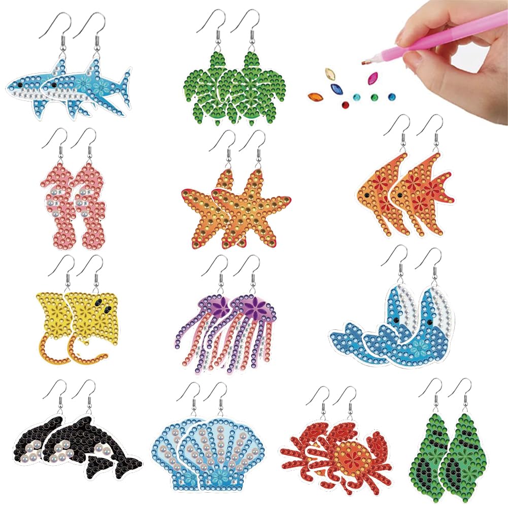 beinkmake 12 Pairs Marine Animals Diamond Painted Earrings 5D Earring Making Kit Shark Turtle Seahorse Starfish Jewelry DIY Diamond Art Earring Kit for Adults Craft Unique Handmade Gifts