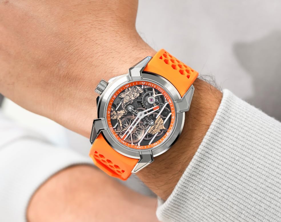 Image of Luxury full Automatic Shree Ram Edition Watch for Men Heavy Open Machine Design with Orange Straps, Shri Ram ji & Hanuman ji Artwork, Ayodhya Mandir Dial | Premium Wrist watch 41mm Bezel [5 Year warranty]