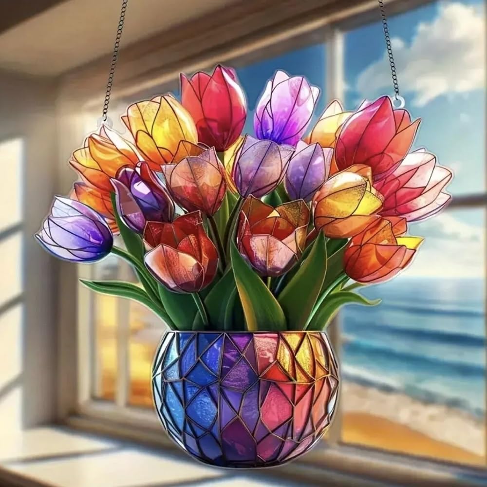 Tulips - Themed Vase Suncatcher with Colourful Stained Glass Effect - Ideal Home Hanging Decor and Seasonal Gift