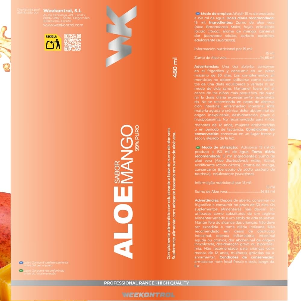 Weekontrol Pack Depurativo de Aloe Vera Puro para Beber 99%+Té Quemagrasas Potente. Set Depurativo Alóe+Te Detox, Limpieza, Digestión y Control de Peso (700Gr, Aloe Mango-Té Frutos del Bosque)