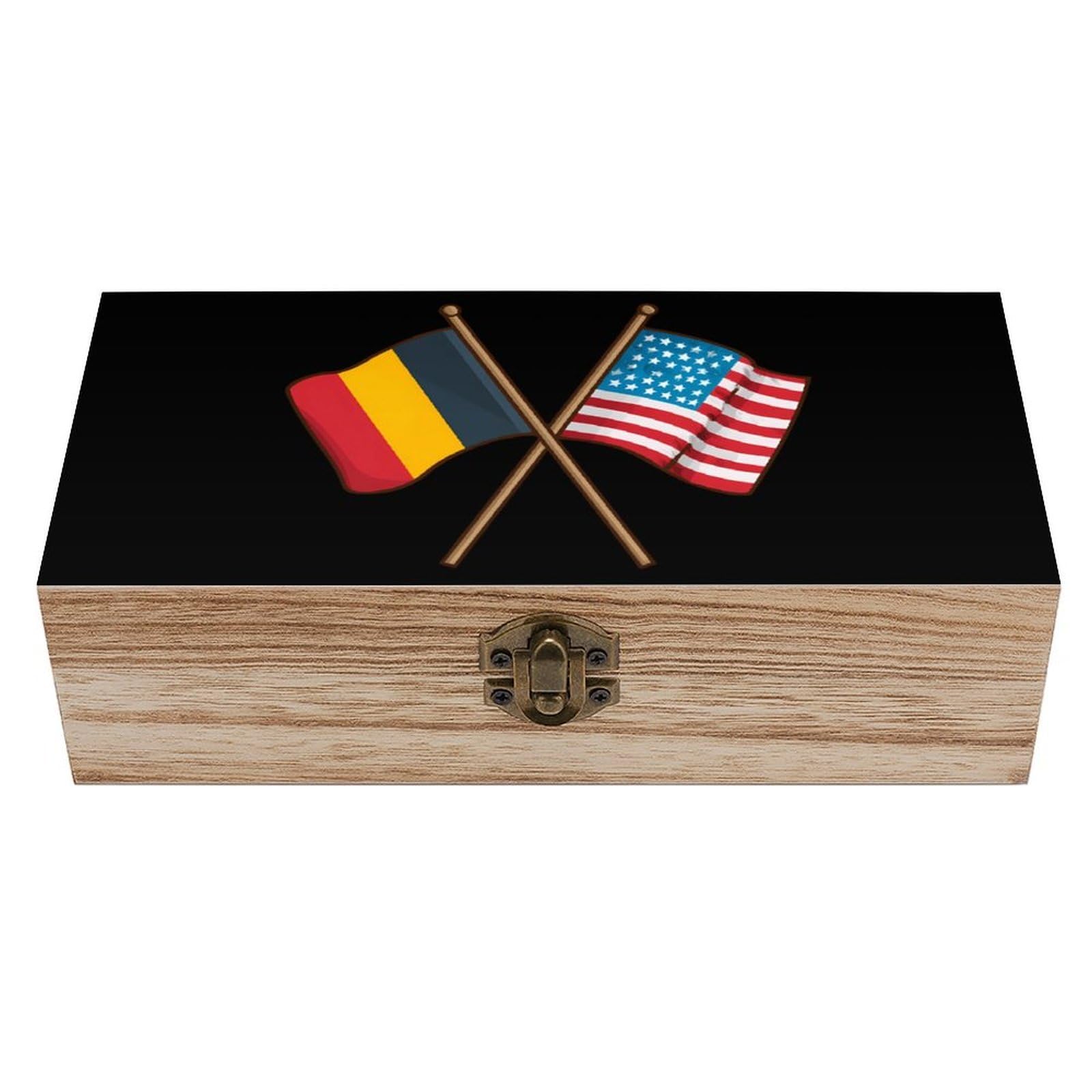 HLBSDM USA Belgian Flag Wooden Box with Hinged Lid Decorative Storage Case Container