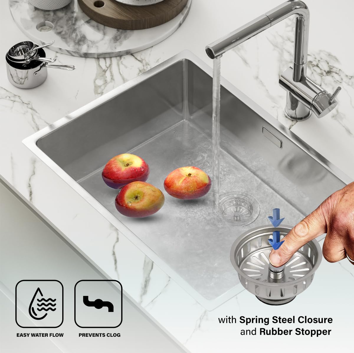 Everflow Sitko do kosza ze stali nierdzewnej w stylu KOHLER 75131 wymiana wkładu z zamknięciem ze stali sprężynowej i gumowym ogranicznikiem do zamykania odpływu, metaliczne wykończenie, łatwa instalacja bardzo głębokie sitko