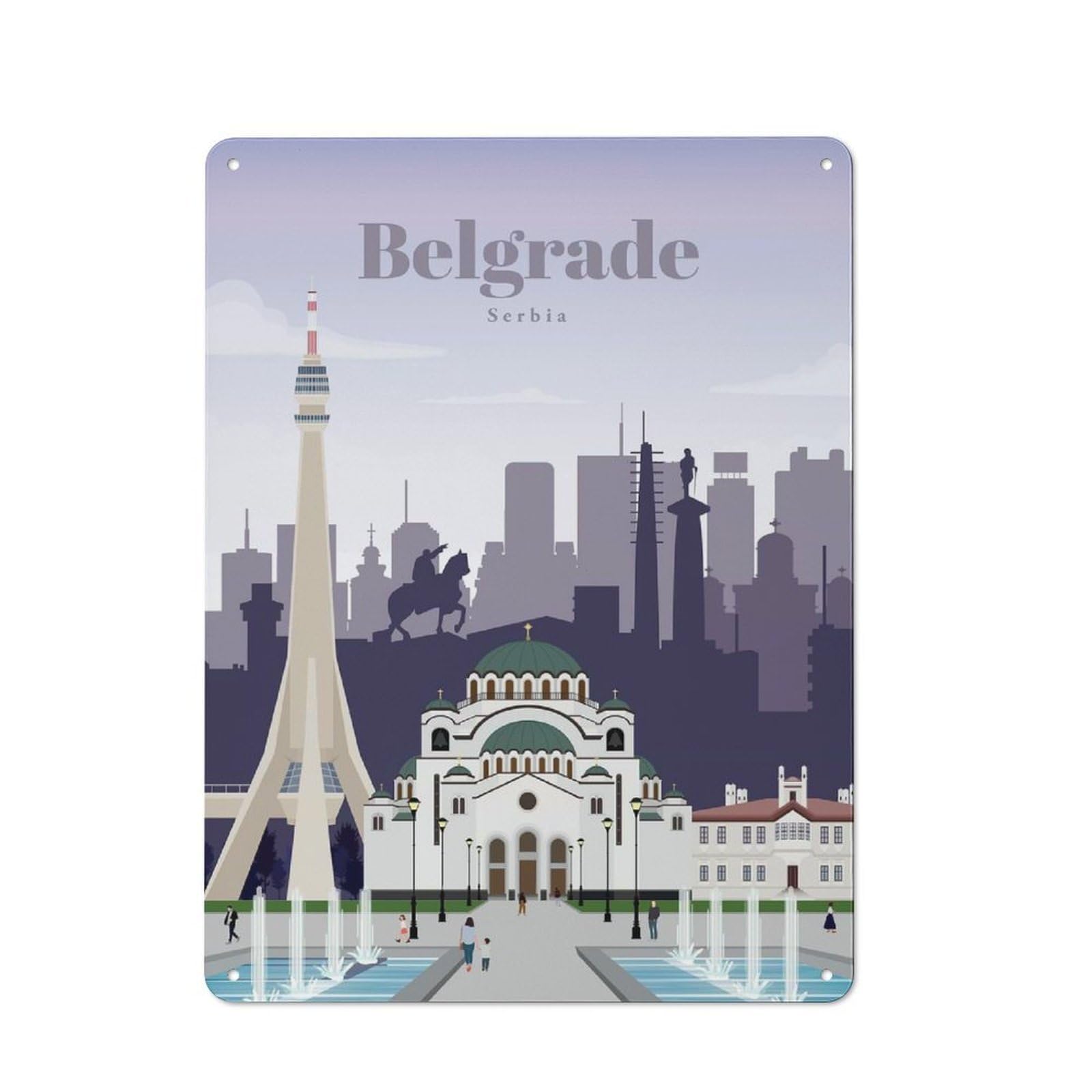 Urban Decorative Metal Plaque 40x30cm Featuring Travel to Belgrade, Loft Wall Plaque for Loft, Studio, Office Or Creative Room
