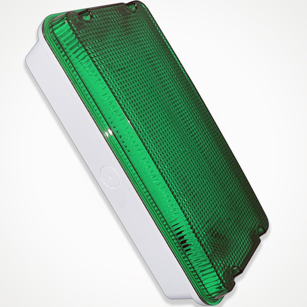 LEDBRITE LED Outdoor Warning Light 240V 10W CCT 1200Lm Wall Mounted Lamp, White with Green Diffuser, IP65 Waterproof Bulkhead Emergency Safety Fitting for Site Lighting Guide Light