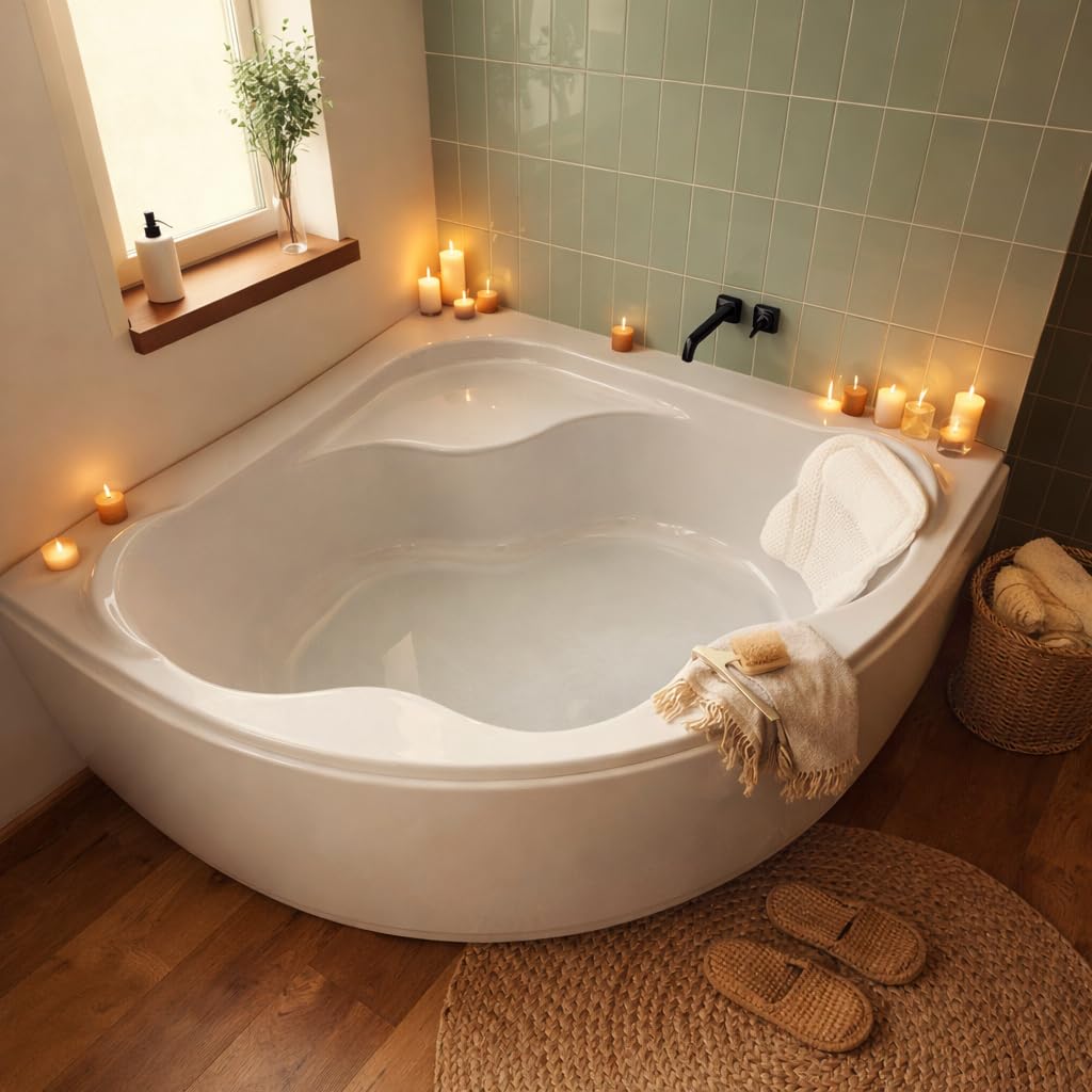 ECOLAM Baignoire d'angle symétrique SELMA 140 x 140cm + tablier en acrylique | oreiller Mare | pieds siphon | set complet