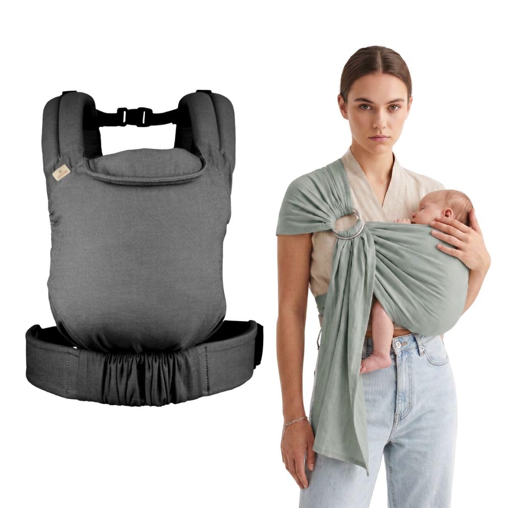 Pack Portage Évolutif : Porte-Bébé Guizy Gris Marin avec Ceinture Tékizy & Écharpe Simply Sling Vert Amande - Kit Nomade Complet en Coton