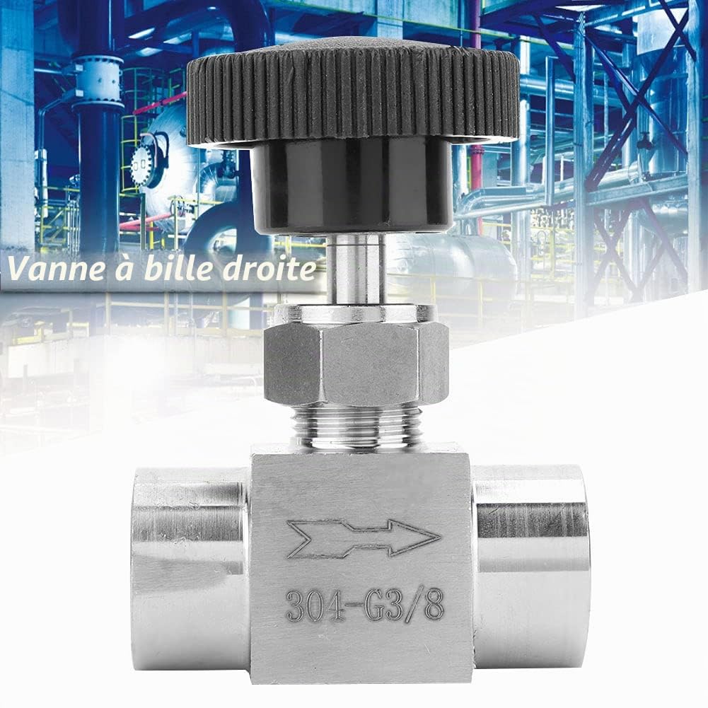 Vanne à pointeau droite en acier inoxydable, poignée noire 3/8 pouces, BSPP, filetée interne, for famille, industrie, automobile, jardin