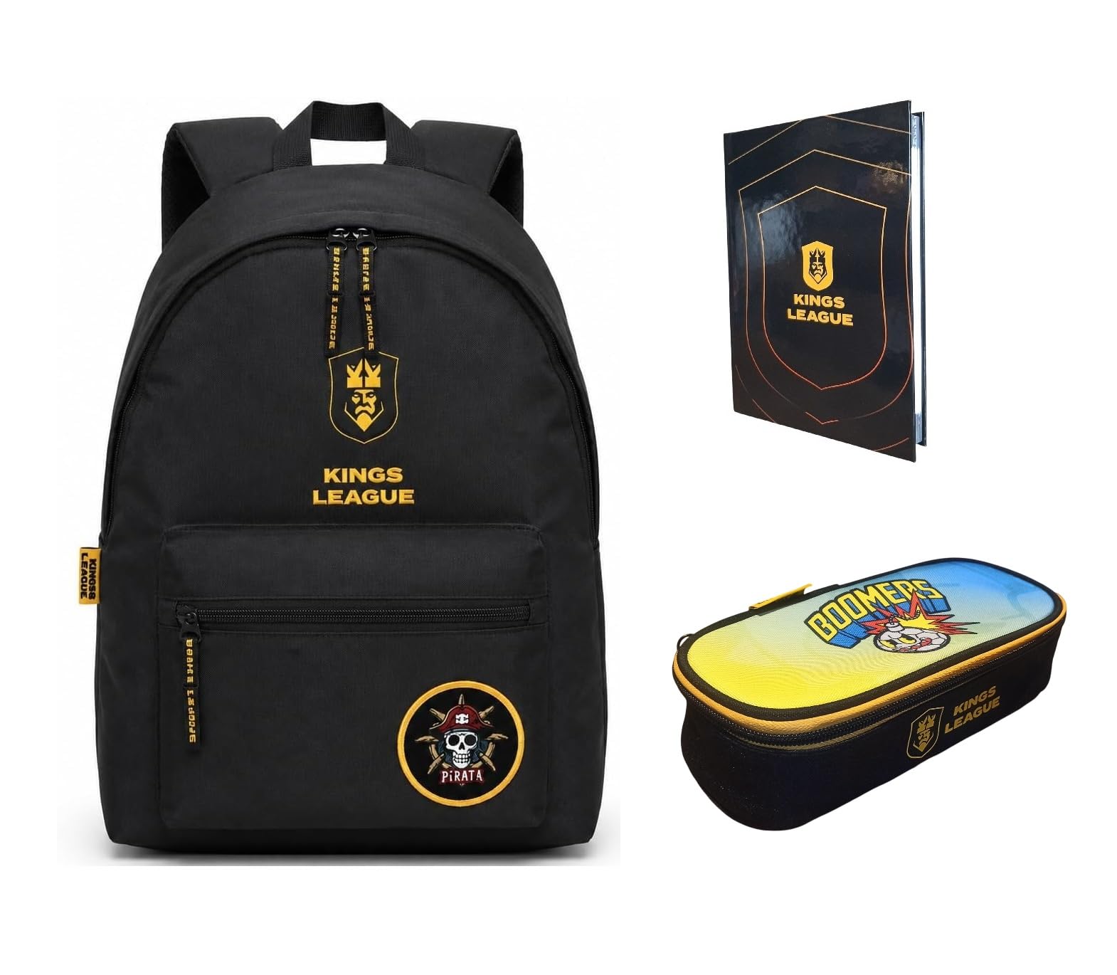 PRESTIGE & DELUXE Zaino Tondo americano - King League Patch Intercambiabile - per la scuola primari Bambini + Astuccio BOOMERS ovale zip + diario + Kit penne e portachiave calcio