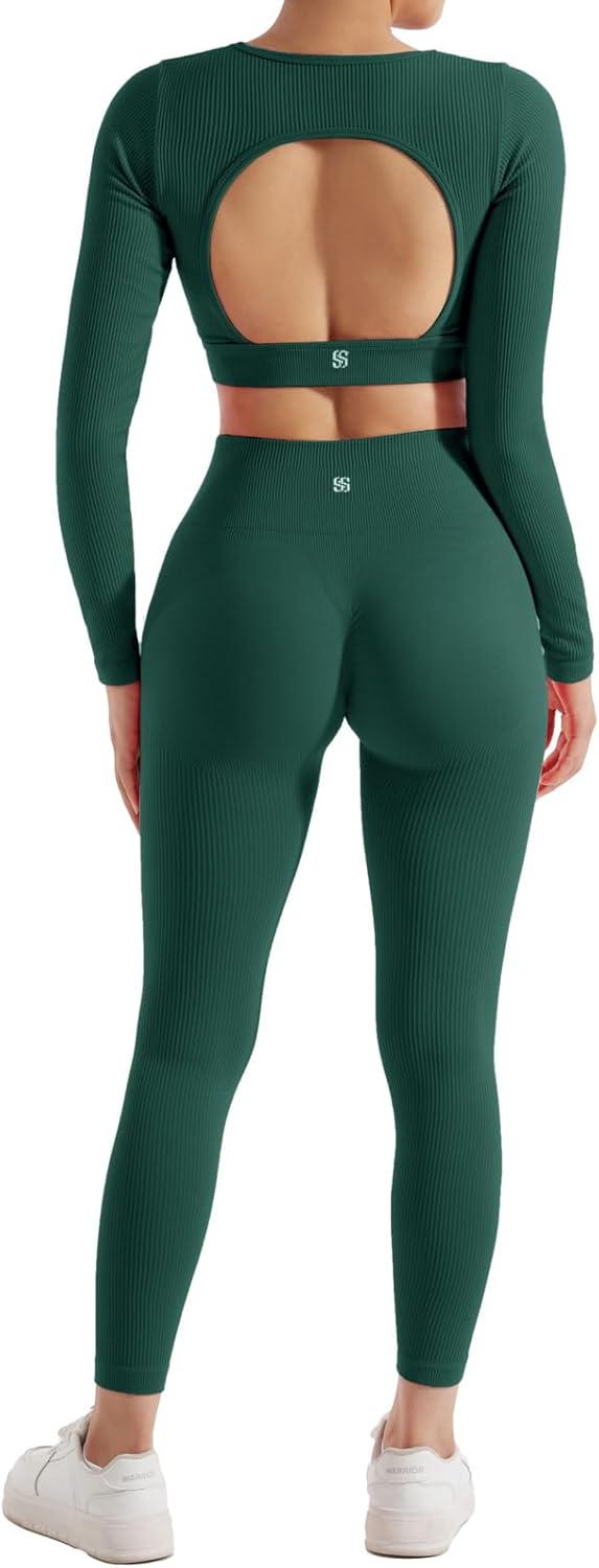 SUUKSESS 2 Piece Workout Sets for Women Long Sleeve Gym Sets Woman Butt Lifting Leggings Open Back Crop Tops - Image 2