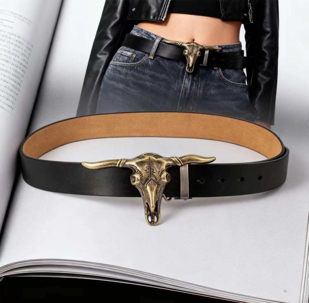 Western Belt Cowboy Belts for Men Women, Western Leather Belts Bull Buckle Belt for Jeans, Buckle Removable Plaque - Image 3
