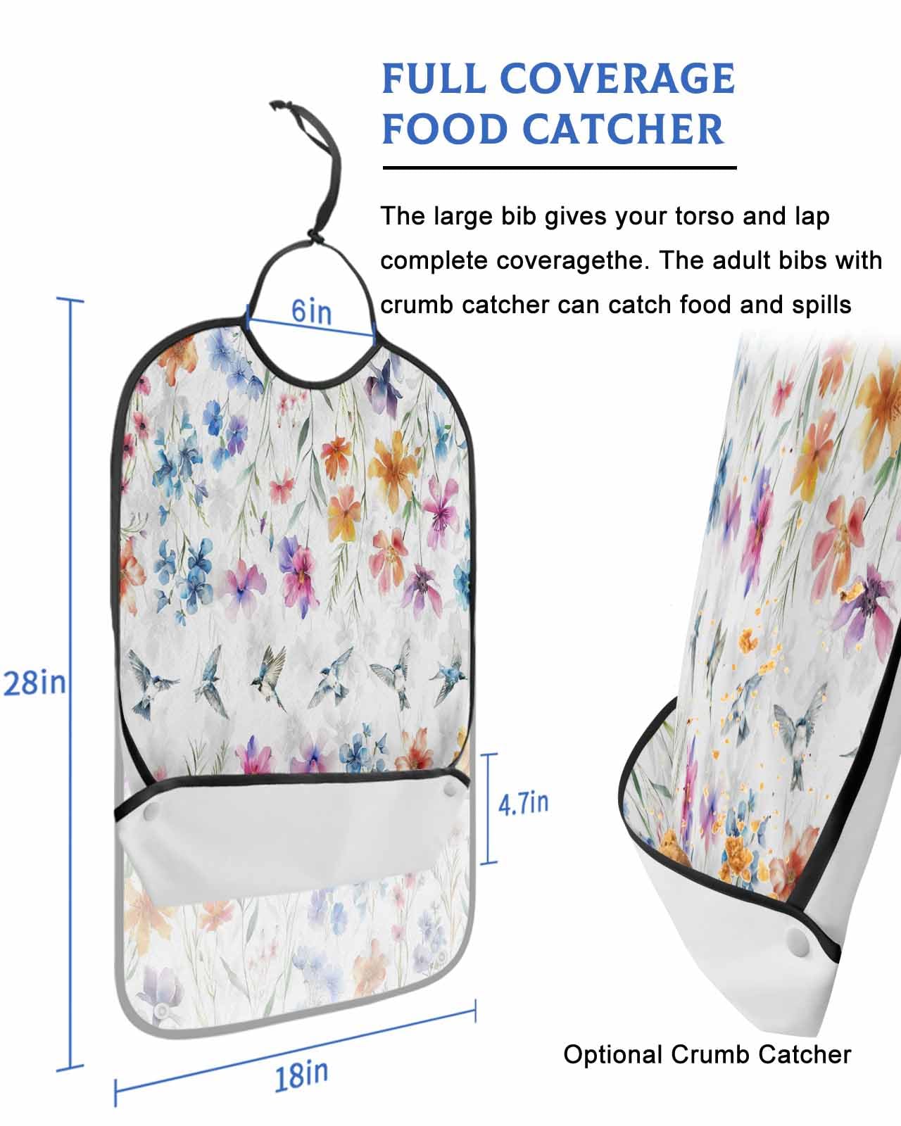 Flower Birds Adult Bib for Adults Men, Women, Spring Summer Watercolor Colorful Floral Washable & Adjustable Terry Cloth Bib with Crumb Catcher Reusable Waterproof Clothing Clothes Protector Apron