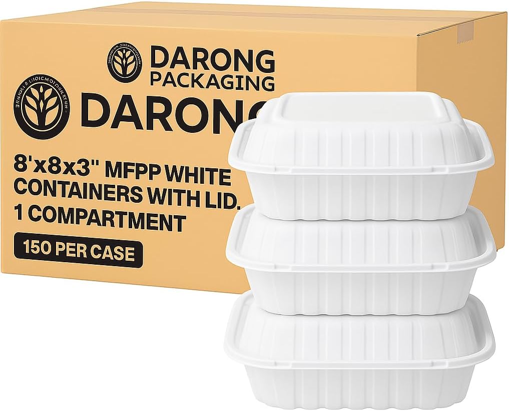 Darong 8"x8"x3" White Hinged Takeout Containers with Lids, 1-Compartment – 150 Pack Bulk – Recyclable MFPP, Microwave & Cut Resistant, Leak-Resistant Clamshells for Restaurants, Food Trucks & Catering