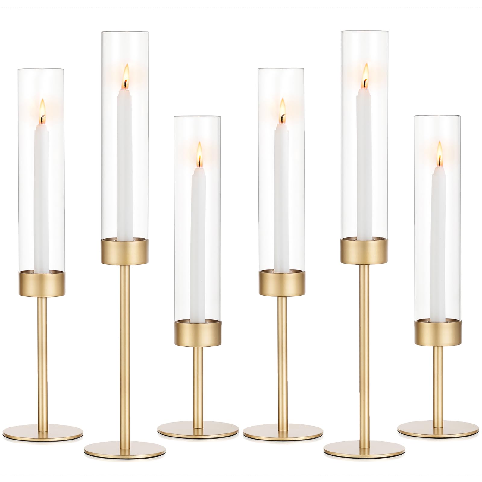 Glass Hurricane Candlestick Holders Gold - Romadedi Set of 6 Taper Candle Holder Bulk Tall Clear Glass Cylinder Table Centerpiece Wedding Decor Party Birthday Christmas Home Decorations